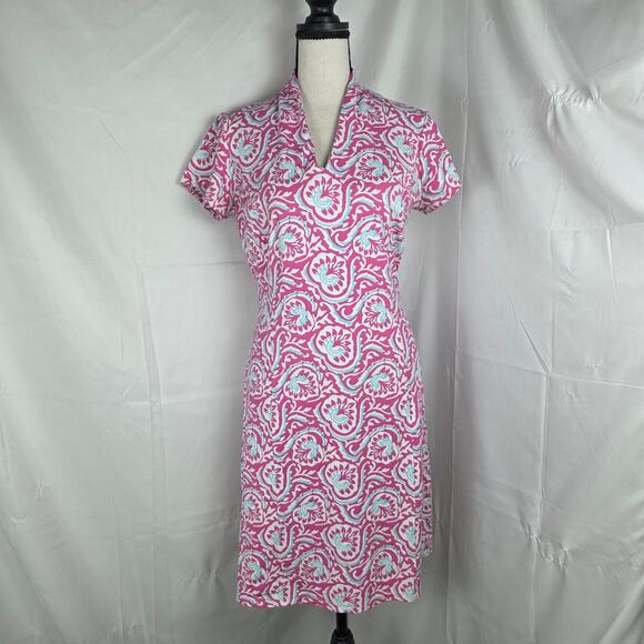 J. McLaughlin Dress XS Pink Aqua Scroll Floral Short Sleeve Knit Shift Stretch - Picture 2 of 11